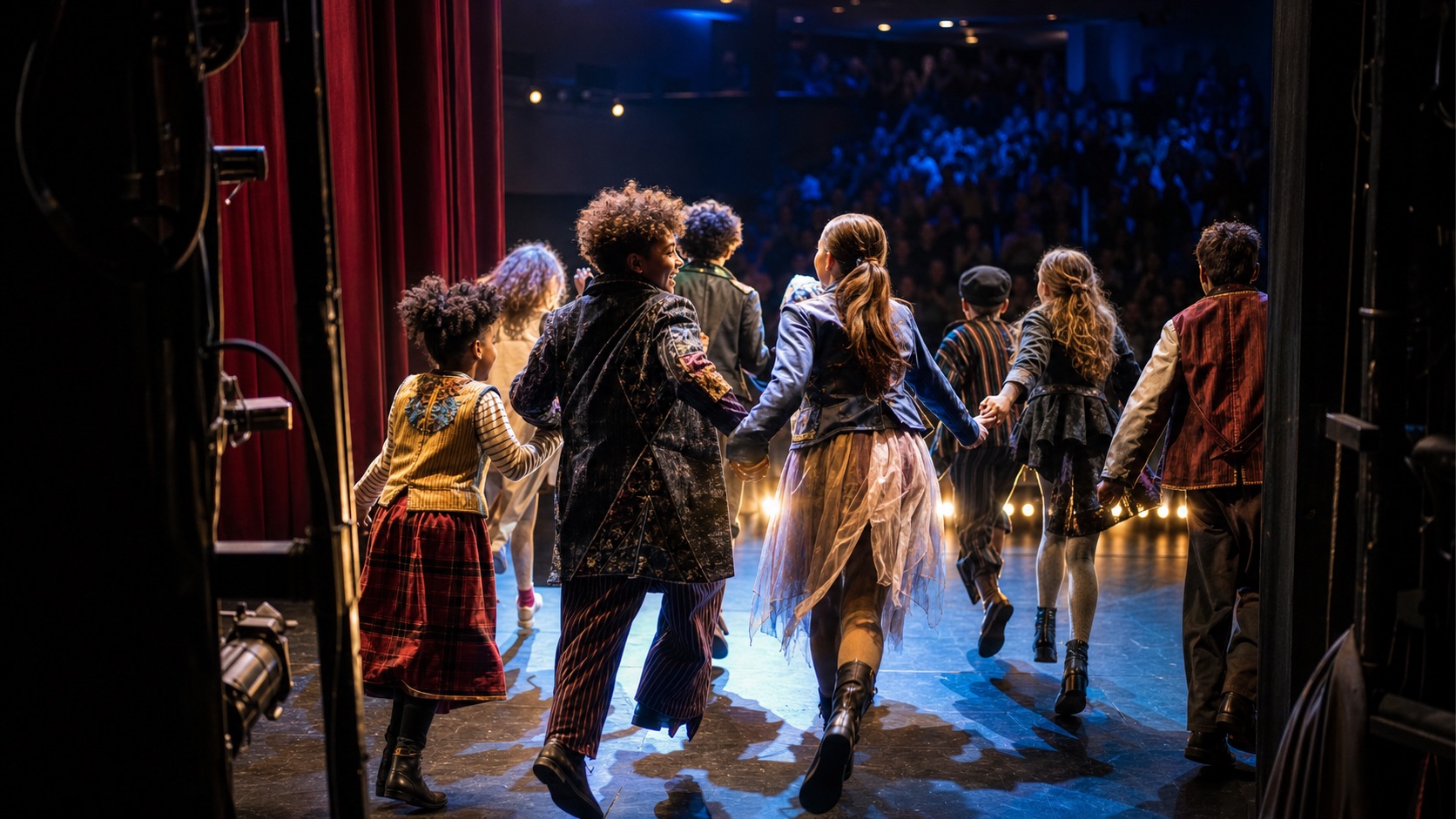 A youth theatre company running on stage for a curtain call